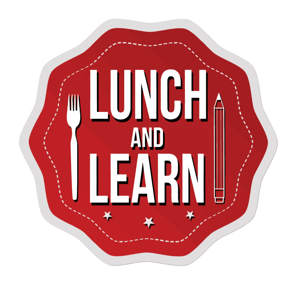 A red and white logo with the words " lunch and learn ".