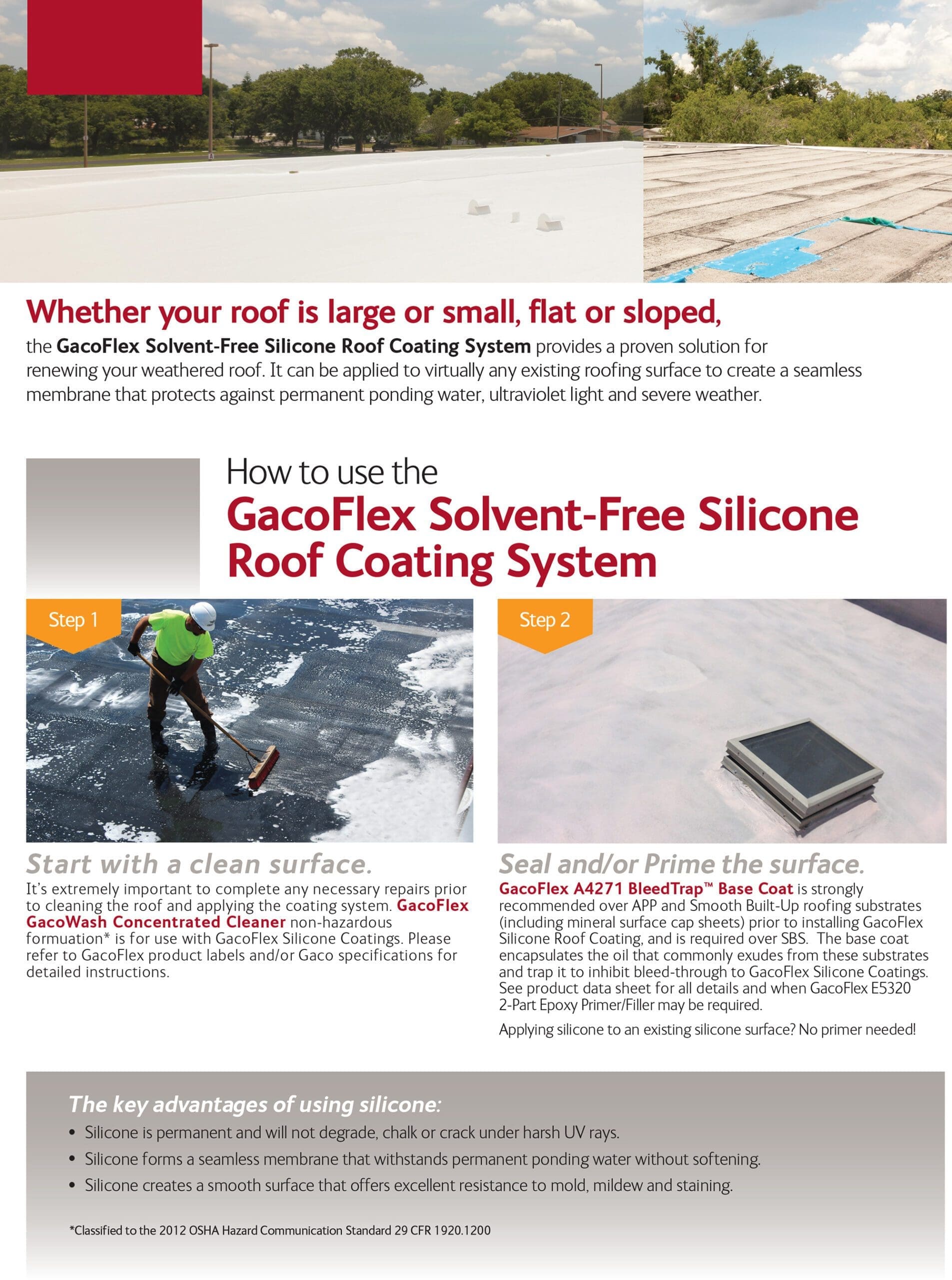 A flyer with instructions on how to use the gecoflex solvent-free silicone roof coating system.