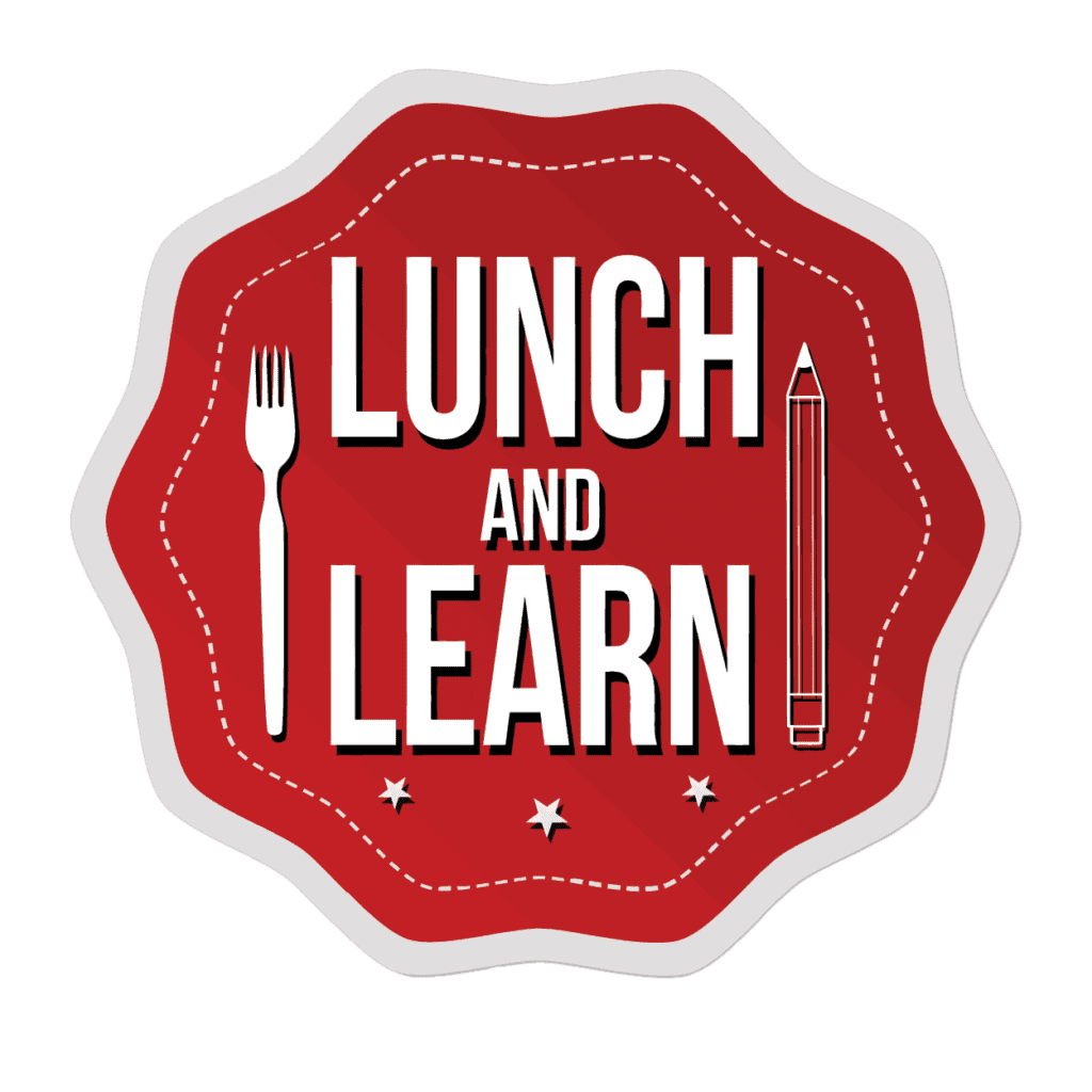 A red and white logo with the words " lunch and learn ".