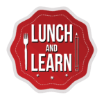 A red and white logo with the words " lunch and learn ".