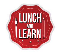 A red and white logo with the words " lunch and learn ".