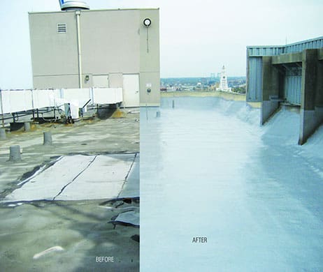 A before and after photo of the roof of an industrial building.